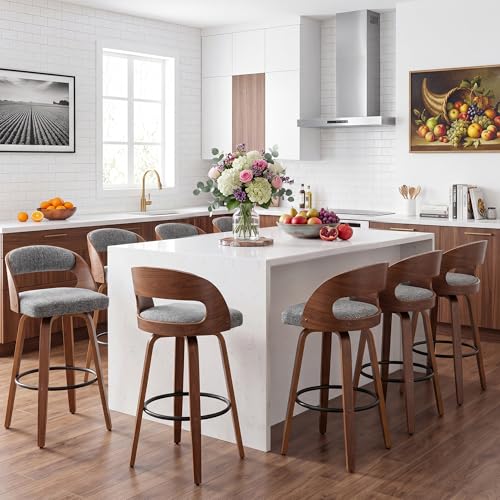 Image of AQG Swivel Bar stools Set of 8 Bar Chairs 26 inch Counter Height Mid-Century Modern Bentwood Barstool Faux Linen Upholstered Bar Chair with Back and Footrest, for Bar, Cafe, Dining, Kitchen Island, Gray