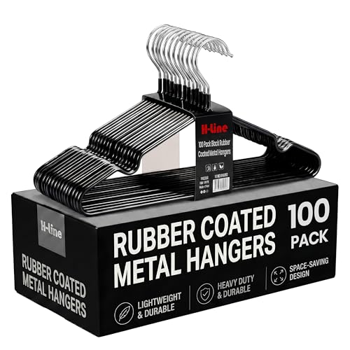 H-line Metal Hangers Rubber Coated 100 Pack Heavy Duty Strong Clothes Space Saving Organiser Hangers For Wardrobes Coat Rack Rails & Closet Thin and Non-Slip Clothing Hanger (Black)