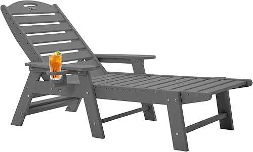 Sillas tumbonas para exterior, HDPE, con 6 posiciones, portavasos para patio al aire libre, piscina, terraza, patio, césped, gris