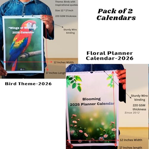 Image of 2026 Wall Calendar | Pack of 2 Calendars | Size - 12x17 Inch with Motivational Quotes,Holidays Mentioned | 220 GSM Thick Paper | Wiro Bind | Notes, Scheduling and Planning For Home Office School Hanging (Bird and Floral Calendar)
