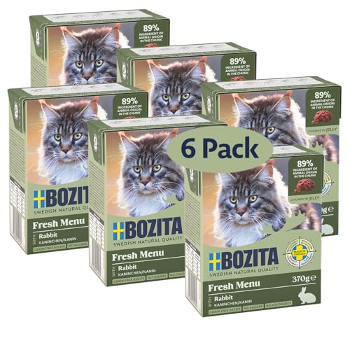 Bozita Tetra Häppchen mit Kaninchen in Gelee – 6x370g getreidefreies Katzenfutter ohne Zuckerzusatz – mit 7,5% Protein, 5% Fett – besonders feiner Fleischgeschmack & gentechnikfrei