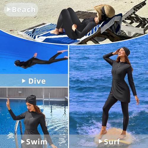 MOTIVE FORCE Modest Swimsuits Muslim Swimsuit Womens Full Coverage Full Body Swimwear Islamic Arabic Long Sleeve Burkini 3 Pieces Swiming Dress Suit
