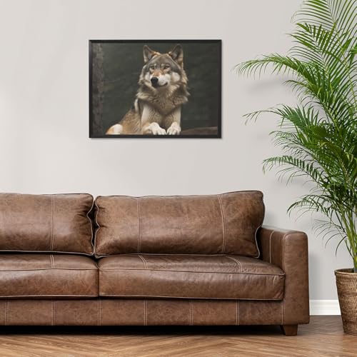 Toile loup gris artistique haut de gamme et cadre noir élégant 40x30 cm