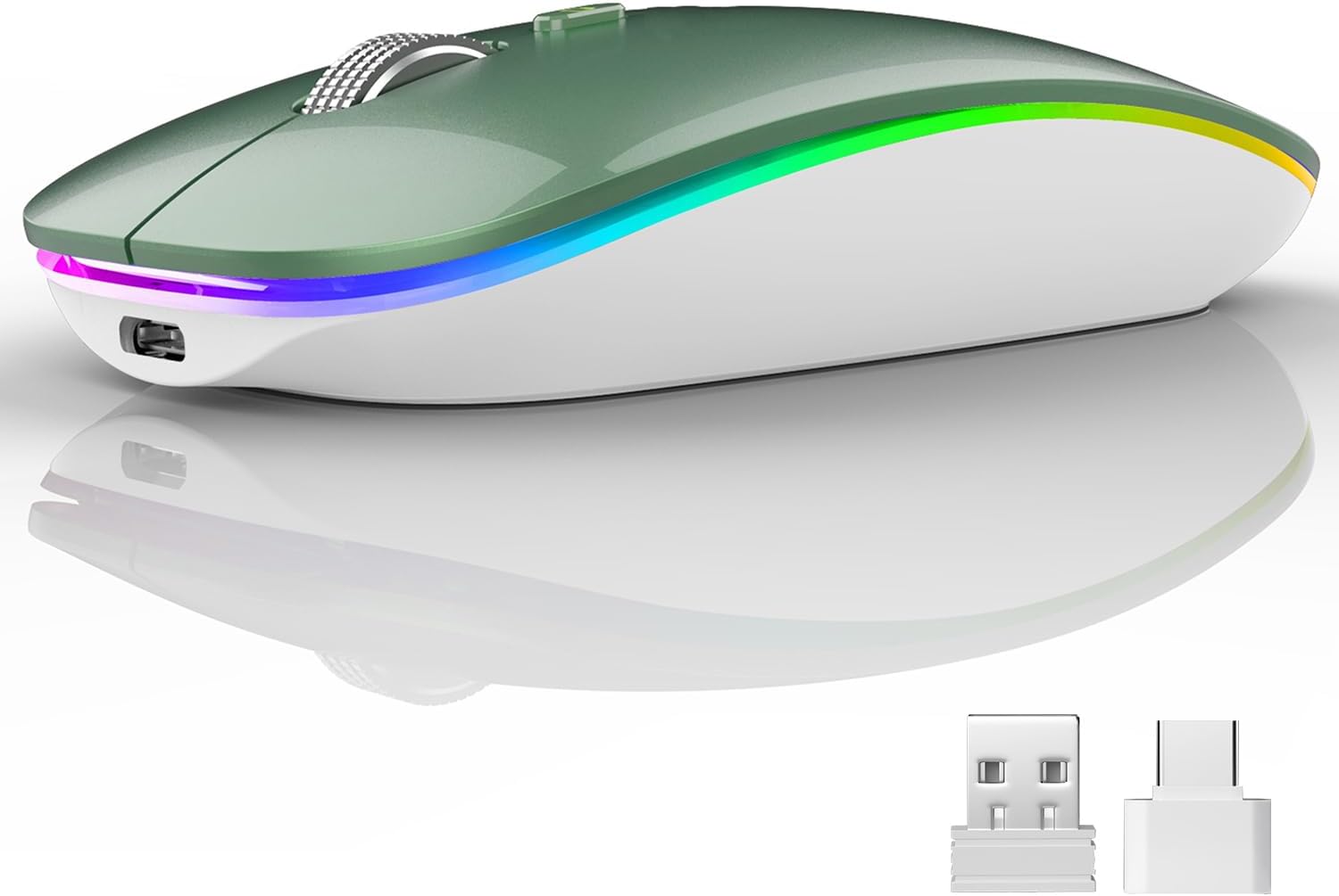 Uiosmuph LED Wireless Mouse G12 Slim Rechargeable Silent Mouse, 2.4G Portable USB Optical Computer Mice With USB Receiver and Type C Adapter (Blacklish Green)