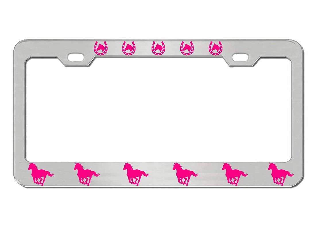 Horse with Horse Head Design Heavy Duty Metal Car License Plate Frame Auto Tag Holder(Chrome/Pink)