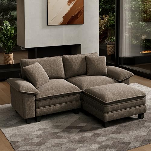 Image of HERA'S HOUSE 3-Seat L Shaped Modular Cloud Couch Sectional Sofa Ottoman | Modern 87.5 inch Couch, Smoky Grey, Wider Armrest, Comfy Deep Seat, Soft Chenille Sofa for Living Room