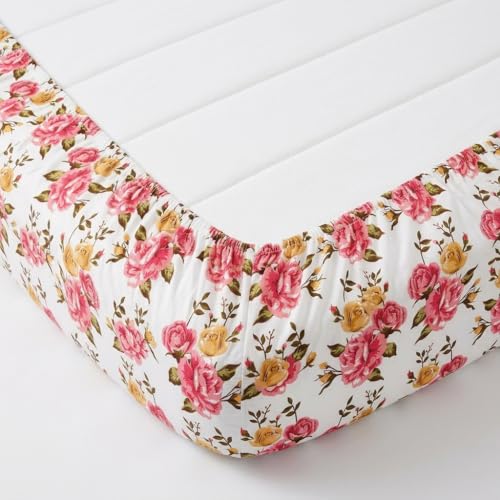 Image of IVAZA Ezyption Cotton Super Soft 240 TC Elastic Fitted All Around Elastic Printed King Size Double Bed Bedsheet with 2 Pillow Cover 72 inch X 78 inch3 Pink White