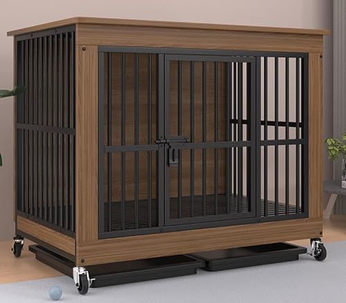 【Yecox】 犬ケージ ペットサークル 犬小屋 小中大型犬用 木製 + スチール製 頑丈 脱走防止 トレー付き お手入れ簡単 キャスター付き 室内/屋外(100*67*89.5CM,くるみ色)