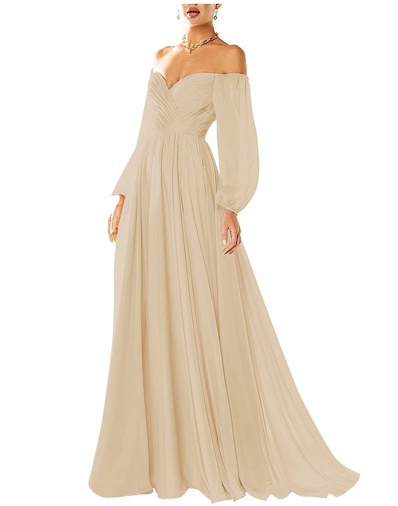 MARSENOff The Shoulder Long Sleeve Formal Dresses Chiffon A Line Prom Dress Simple Wedding Dresses for Bride Evening Gowns