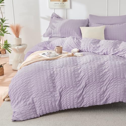 Image of HYMOKEGE Lavender Oversized King Comforter Set Seersucker 7 Pieces, All Season Luxury Bed in a Bag for Bedroom, Bedding Set with Comforter, Sheets, Pillowcases & Shams