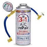 AC REPAIR 3 en 1 Kit Recarga Aire Acondicionado Coche con Aceite y Sellante Detector Tapa Fugas 220g Sustituto Gas Refrigerante R134a R12 Manómetro LP Recambio con Sellador Compatible Coches 1992-2017