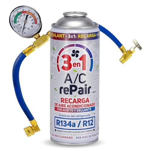 AC REPAIR 3 en 1 Kit Recarga Aire Acondicionado Coche con Aceite y Sellante Detector Tapa Fugas 220g Sustituto Gas Refrigerante R134a R12 Manómetro LP Recambio con Sellador Compatible Coches 1992 2016