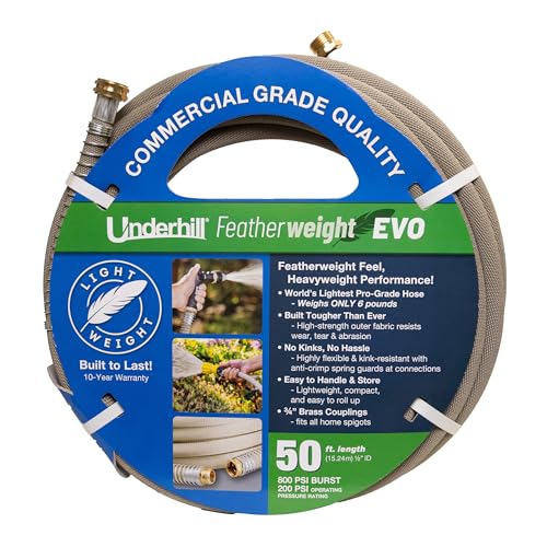 Featherweight EVO Lightweight Fabric Garden Water Hose – Heavy Duty, Kink-Free Fabric Hose, Ultra Lightweight 4 lb, Flexible Water Hose for Yard, Lawn, Garden & Car Wash by Underhill - Used condition - US$87.40
