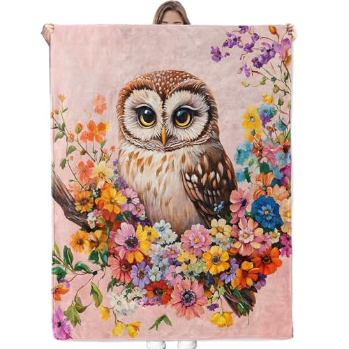 Bidesk Charming Owl Blanket Soft Cozy Flannel Throw Blanket, Lightweight Warm Cute Owls with Colorful Flowers Blankets for Travel, Couch, Bed, for Women Girls Adults Kids, Outdoor Comfort Wrap 60"×50"