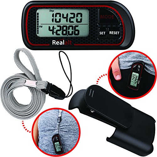 Realalt 3D Pedometer with Clip and Strap P08R| Best Pedometer for Walking with 30-Days Memory. Accurately Track Steps, Calories, Distance Miles/Km & Daily Target Monitor for Men & Women