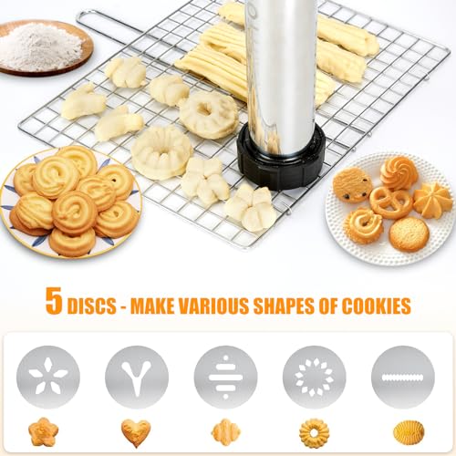 PAHTTO Churro Maker Machine, Stainless Steel Churros Gun Kit, 3-in-1 Multifunctional Cookie Press Hollow Churro with Piping Bag, 6 Piping Nozzles, 9 Cookie Discs & 2 Brushes, Easy to Clean