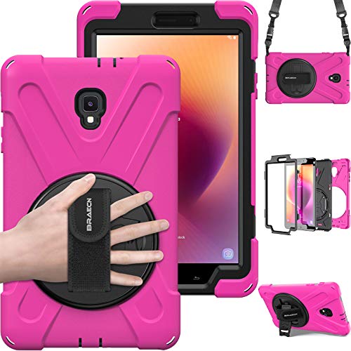 BRAECN Samsung Galaxy Tab A 8.0 2017 Case Three Layer Heavy Duty Soft Silicone Hard Bumper Case with Stand+Hand Strap+Shoulder Strap Case for Galaxy Tab A 8'' SM-T380/T385 2017 Release (Rose Red)