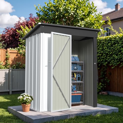 Image of Greesum Outdoor Storage Shed 5 x 3 ft. Utility Tool Shed Metal Storage Garden Shed with Door & Lock for Patio Storage, White