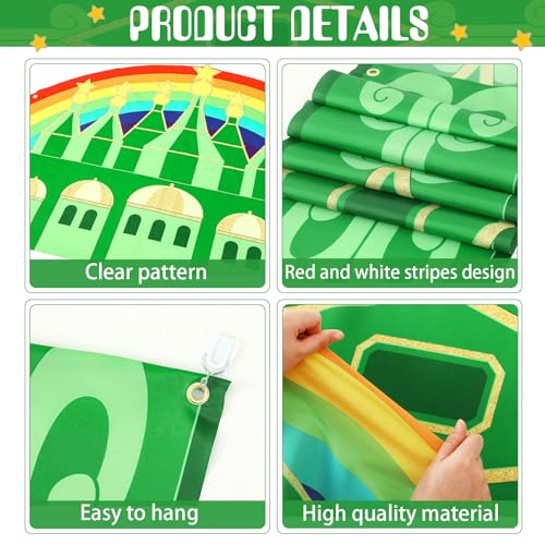 Image of Tingjoo 4 Pcs Green Castle Banner Yellow Brick Runner Entryway Party Decorations Emerald Backdrop Hanging Banner Yellow Brick Runner for Birthday Holiday Wizard Party