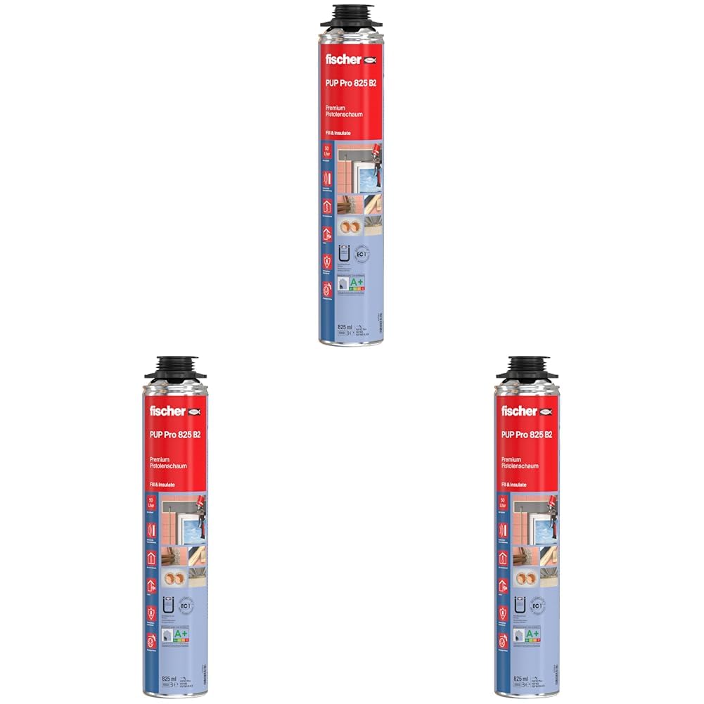 fischer Pistolenschaum Premium PUP Pro 825 B2, Montageschaum für Verfüllung, Dämmung und Isolierung, Bauschaum für Schaumpistolen, geringe Schaumexpansion, 825 ml (Packung mit 3)