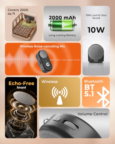 Image of GRENARO Wireless Voice Amplifier for Teachers, 10W Portable Voice Speake with Wireless Microphone, Bluetooth 5.3, Support for Classroom, Presentation, Training & Tour Guide (10W Wireless)