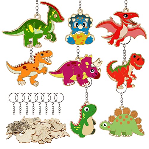 PATAZOK 16pcs Dino porte-clés enfants,Dinosaure bois à peindre,kit de bricolage enfants Dino porte-clés artisanat peindre porte-clés pour jouet cadeau dino fête
