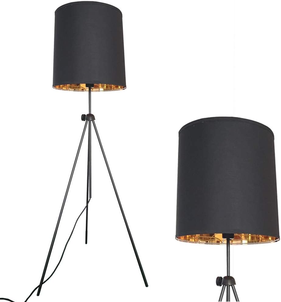 Focolux Modern Black and Gold Fabric Lampshade Contemporary Tripod Floor Standing Lamp Lights for Living Room Minimalist Furniture