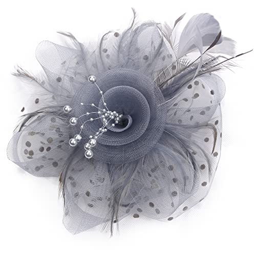 Fascinators Hat Flower Cocktail Lace Mesh Feathers Headband Clip For Women Tea Party Wedding Vintage Derby Hats-Grey-01 #TOP5