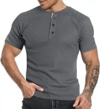 Men's Short Sleeve Waffle Henley Fashion Casual Slim Fit Classic Basic Button Henley T-Shirts Grey