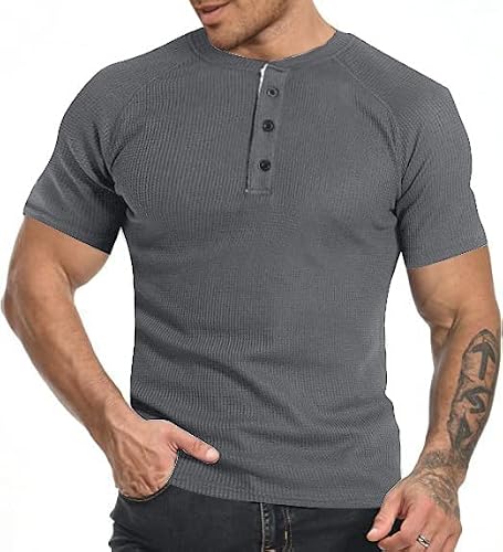 Men's Short Sleeve Waffle Henley Fashion Casual Slim Fit Classic Basic Button Henley T-Shirts Grey #TOP11