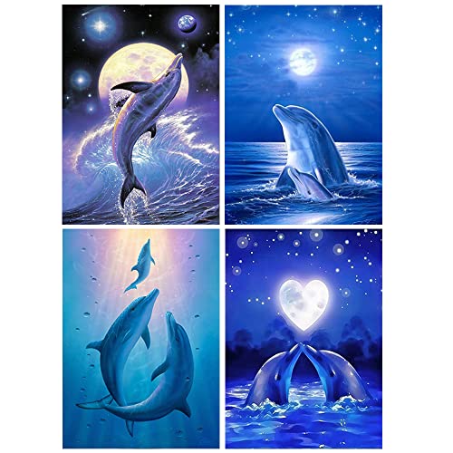 DCIDBEI 5D Diamond Painting 4 Pack 12x16 in/30x40 cm Dolphin Diamond Painting Stickers Diamond Art Kits Adults Painting by Numbers Sea Animals Embroidery Kit Cross Stitch for Home Wall Decor