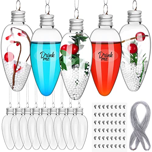Peerless - 36 bolas de bebida de Navidad con 48 calcomanías de 100 yardas, hilo de seda plateado, rellenable, plástico transparente, forma de bombilla, adornos para árbol de Navidad para bricolaje,