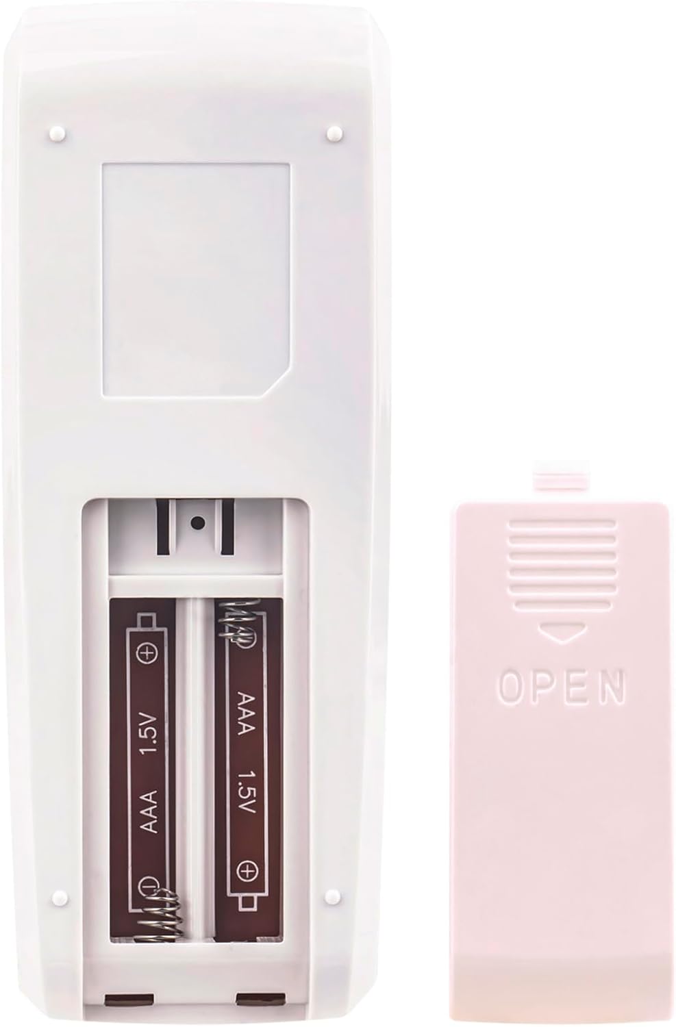 Zadní view of the ALLIMITY YV1FB7 Remote Control with the battery compartment open, showing slots for two AAA batteries.