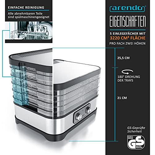 Foto von Arendo - Dörrautomat mit Temperaturregler - Edelstahl Dörrgerät für Lebensmittel Fleisch Früchte Gemüse - 260 W - 35-70 Grad - 5 Einlegefächer - GS - Dehydrator - BPA frei