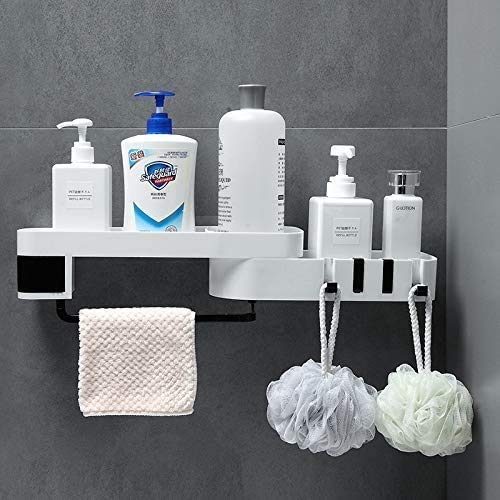 ap store Plastic and Metal Rotatable Bathroom Corner Drying Storage Rack Holder with 3 Towel Hook (Multicolour)