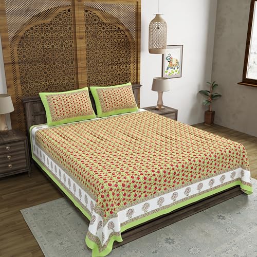 Image of BLOCKS OF INDIA Hand Block Printed 200 TC Cotton King Size Bedsheet (Green Anar)