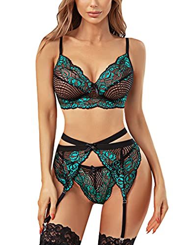 Evelom Lingerie for Women Lace Bra And Panty Set With Garter Belts 3 Piece Lingerie Set