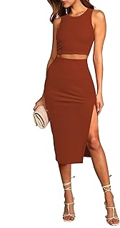 2 Piece Dress for Women Sexy Sleeveless Slim Bodycon Split Midi Dresses Casual Crewneck Tank Tops High Waist Skirt Sets
