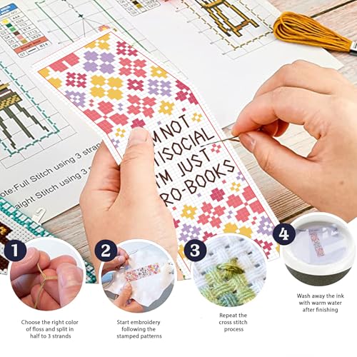 Image of FREEBLOSS 6 Set Cross Stitch Bookmark Kit Stamped Cross Stitch Kit for Beginners Embroidery Set with Instruction for Adult Read Theme Patterns 8 inch*2.4 inch