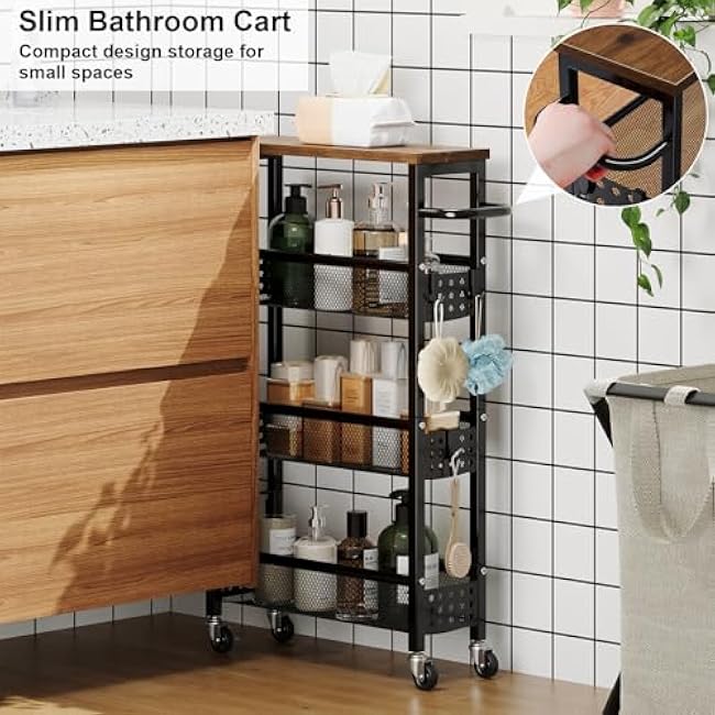 Slim Rolling Cart, 4 Tier Storage Cart, Narrow Cart with Handle, 5.1 Inches Deep, Metal Frame, for Kitchen, Dining Room, Living Room, Home Office, Rustic Brown and Classic Black-Z7cX0QRh