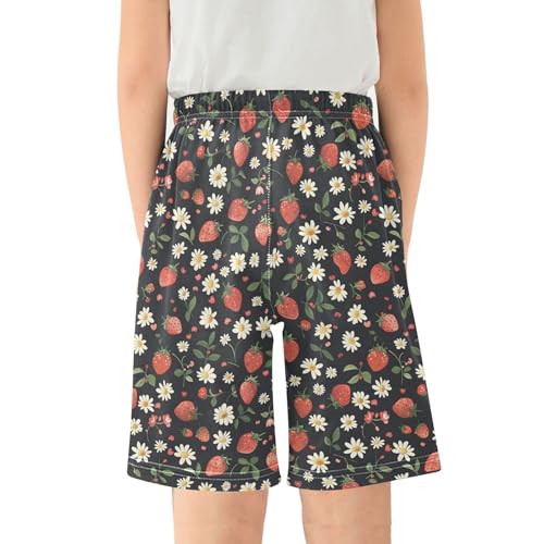 ALAZA Strawberry Daisy Blossom Print Pajama Shorts Elastic Waist Casual Sleep Shorts with Pockets Size 6-142