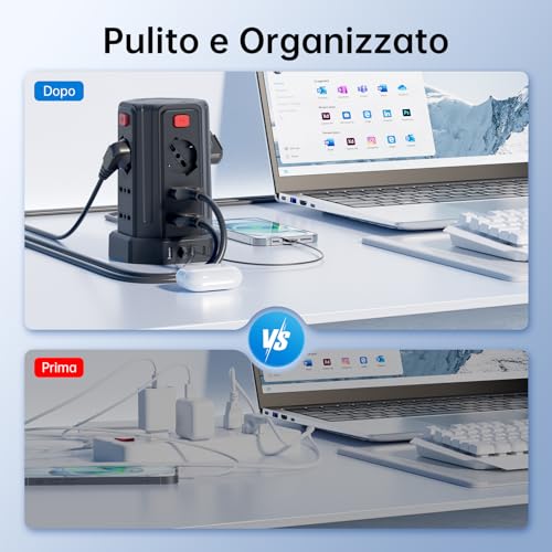 2 Metro Ciabatta Elettrica Multipresa con 12 Prese Universali 10/16A ITA e Schuko e 3 USB A+1 USB C protezione Sovratensione con 4 interruttori indipendenti, Nero - Hub USB - Immagine 6