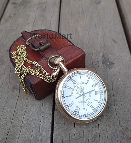 Worldmart Personalized Engraved Pocket Watch, Nautical Vintage Victorial London 1876 Handmade Pocket Watch with Chain (Engraved with Leather Box)