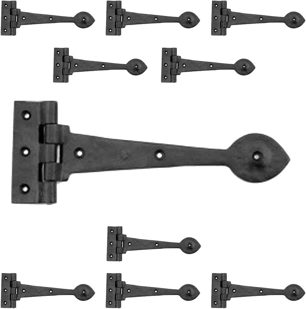 Renovators Supply Manufacturing Black Wrought Iron Strap Hinge 10 in Spade Tip Strap Gate and Door Hinges with Hardware, Pack of 10