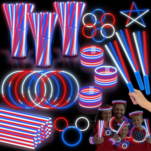 120 Pcs Glow Sticks 4th of July Party Supplies,Neon Party Glow Bracelets and Necklaces Red White Blue Glow Stick with Connectors & 20 Handles for Kids & Adults Independence Day 250th Anniversary Decor