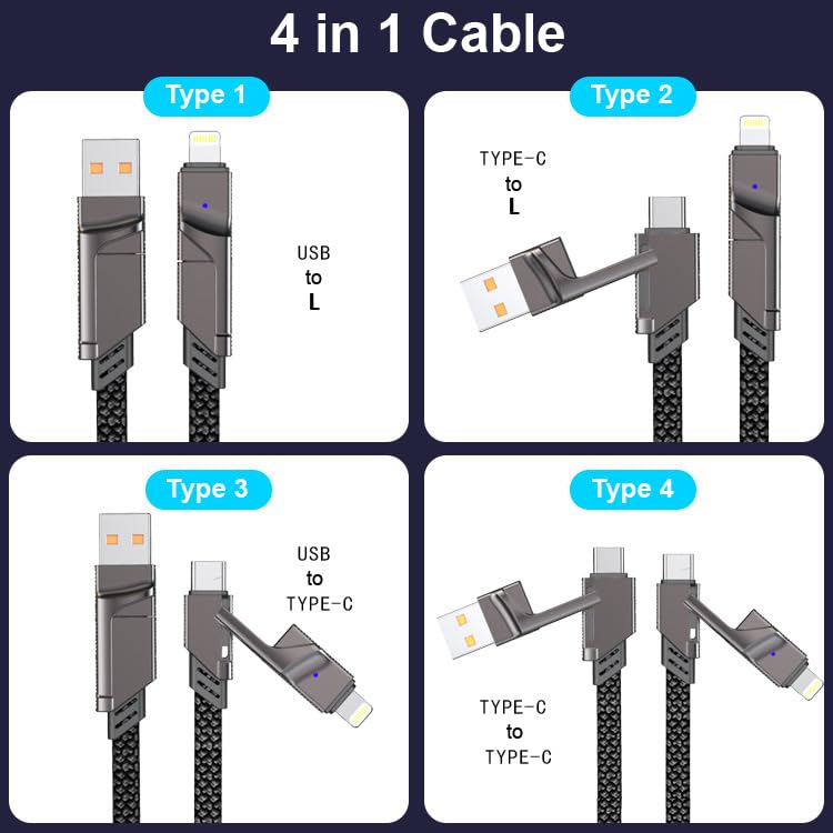 Image of Mizi Type-C Cable, 4-in-1 Type-C Cable (3.3ft), 100W Type C Charger Cable, Type-C Fast Charging for MacBook, iPad, iPhone, Samsung - Black