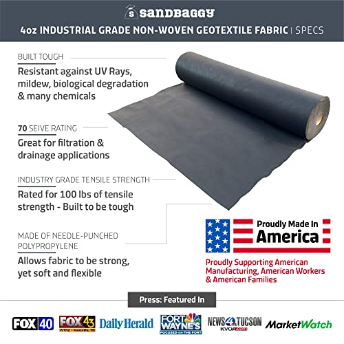 Sandbaggy Non Woven 4 Oz Geotextile Landscape Fabric | Made In Usa | 50 Year Fabric | Industrial Grade Fabric | French Drains | 100 Lbs Of Tensile Strength | Uv Protected | Approved By Dot (4 Ft X 100 Ft Roll) #TOP1