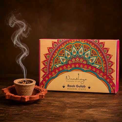 Image of Nirmalaya Premium Organic Rooh Gulab Havan Cups | Pack of 15 + Diya Stand | 25+ Natural Havan Samagri Blend of Flower Powder, Loban & Jatamansi | for Pooja, Meditation, Yoga and Aromatherapy