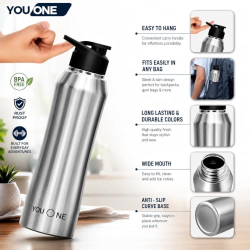 Image of YOUONE Stainless Steel 1000 ML Water Bottle /Thunder for fridge /School /Outdoor /Gym /Home /office /Boys /Girls /Kids, Leak Proof And BPA Free (Silver)