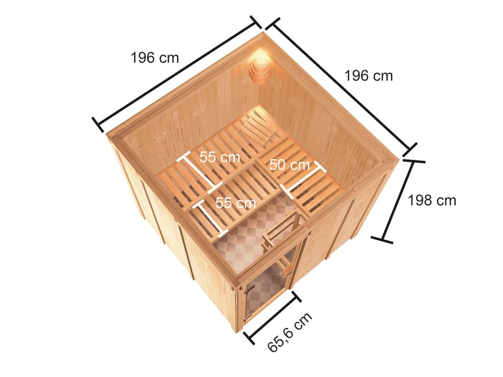 KARIBU Elementsauna Celine 4 Fichte Natur 68 mm, Innensauna für 2 3 Personen, Systembauweise mit bronzierter Ganzglastür, 3 Liegen, Ofenschutzgitter, Innenmaße 196x196x198 cm, Ohne Dachkranz
